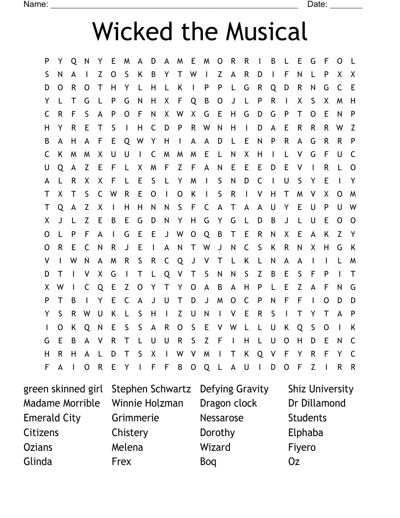 Wicked The Musical Word Search WordMint