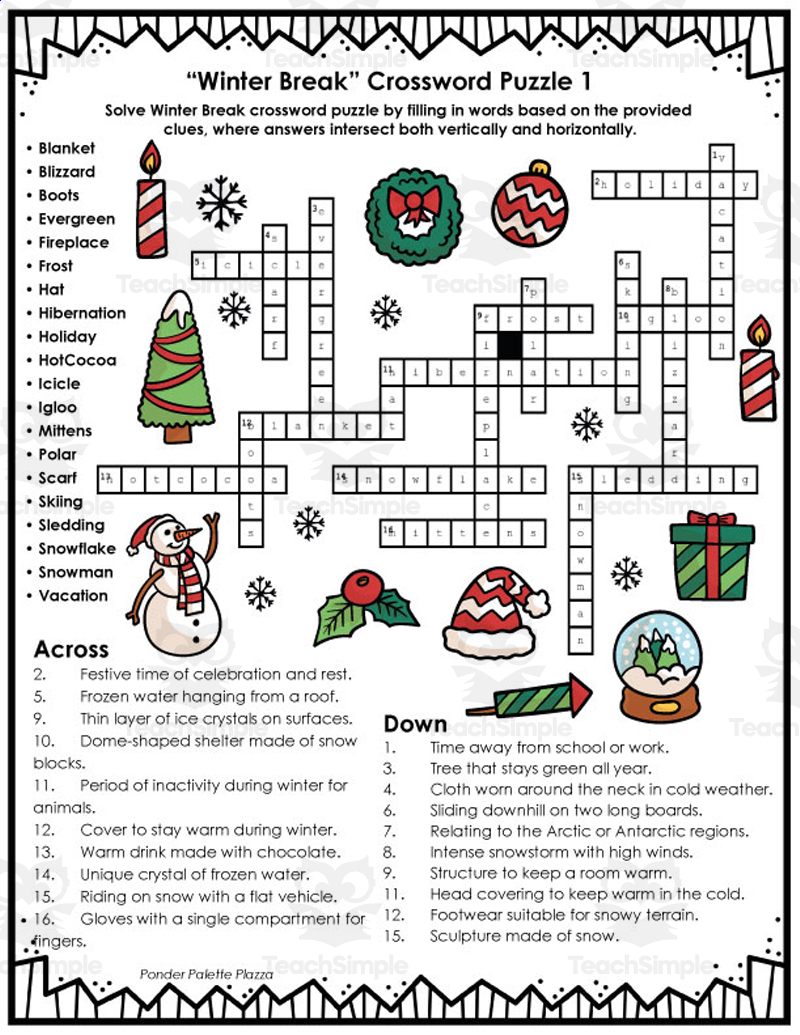 winter break crossword puzzles answers included by teach simple