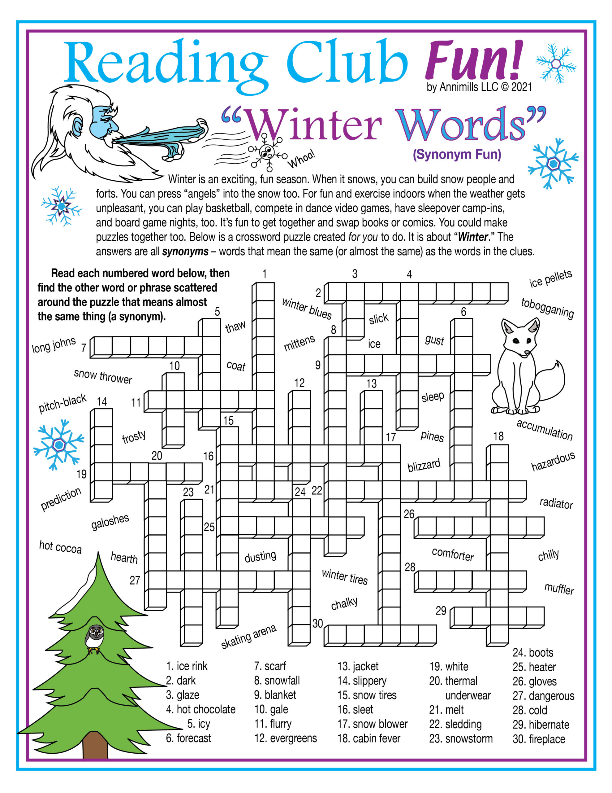 winter vocabulary synonyms printable crossword puzzle word search made by teachers