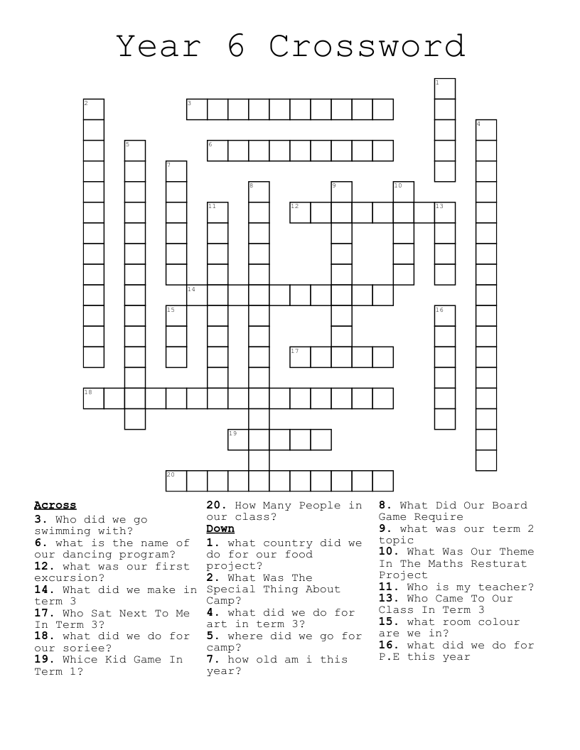 Year 6 Crossword WordMint