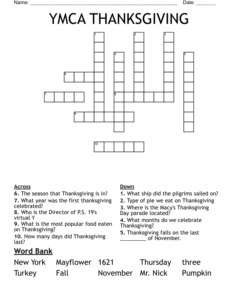 Thanksgiving Crossword Free Printable